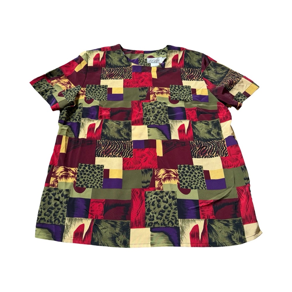 Kathy Che Vintage Patchwork Animal Print Short Sleeve Blouse Green Burgundy L